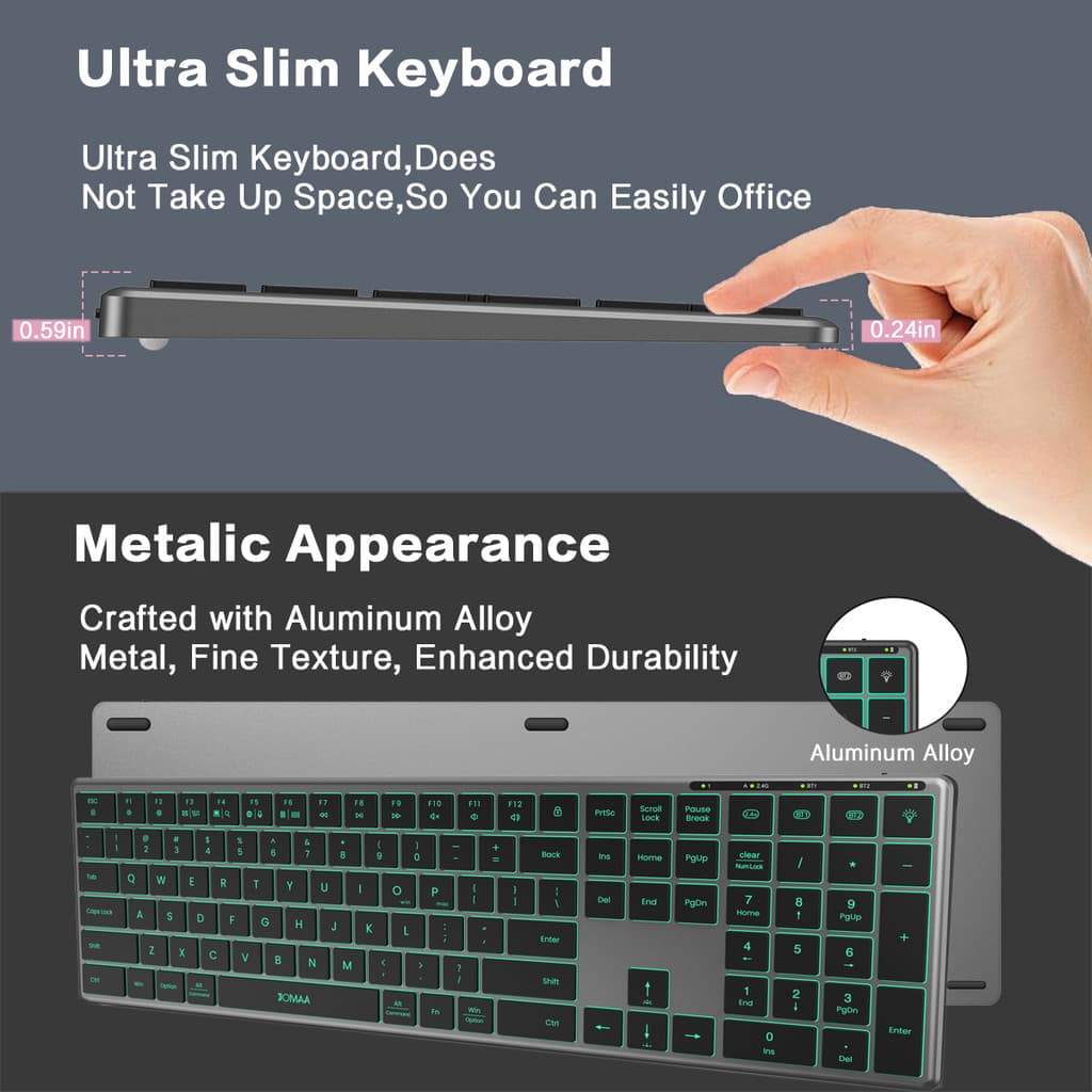 Teclado sem fio JOMAA de tamanho normal, modo duplo Bluetooth e 2.4G, teclado ergonômico em alumínio com pad numérico e