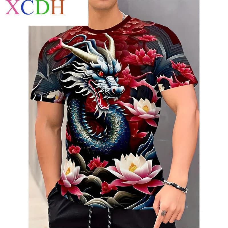 2026 Novo Dragão Lótus Flor Padrão T Camisa Masculina Chinês Loong 3d Impresso Camisetas Verão Casual Manga Curta O-Pesc