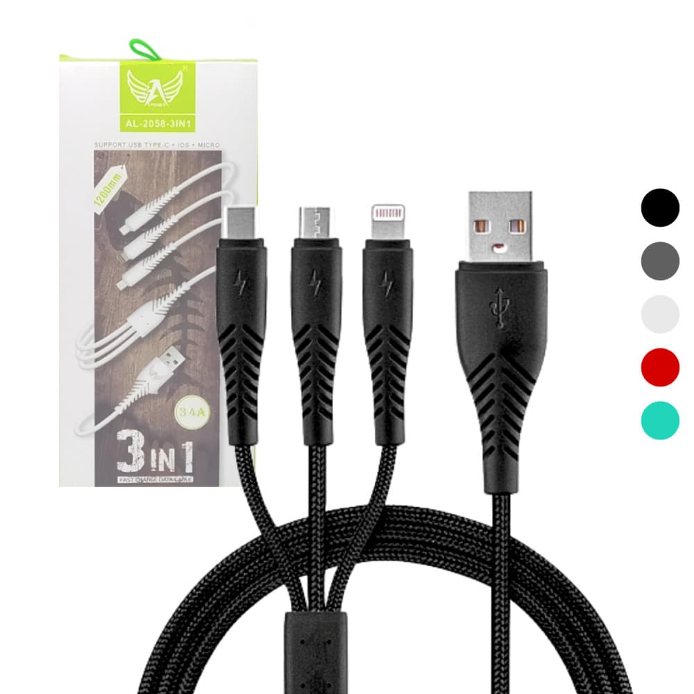 Cabo Carregador 3 in 1 conexão Tipo-C / V8 / Lightning de 1,2m 3.4A Altomex AL-2058