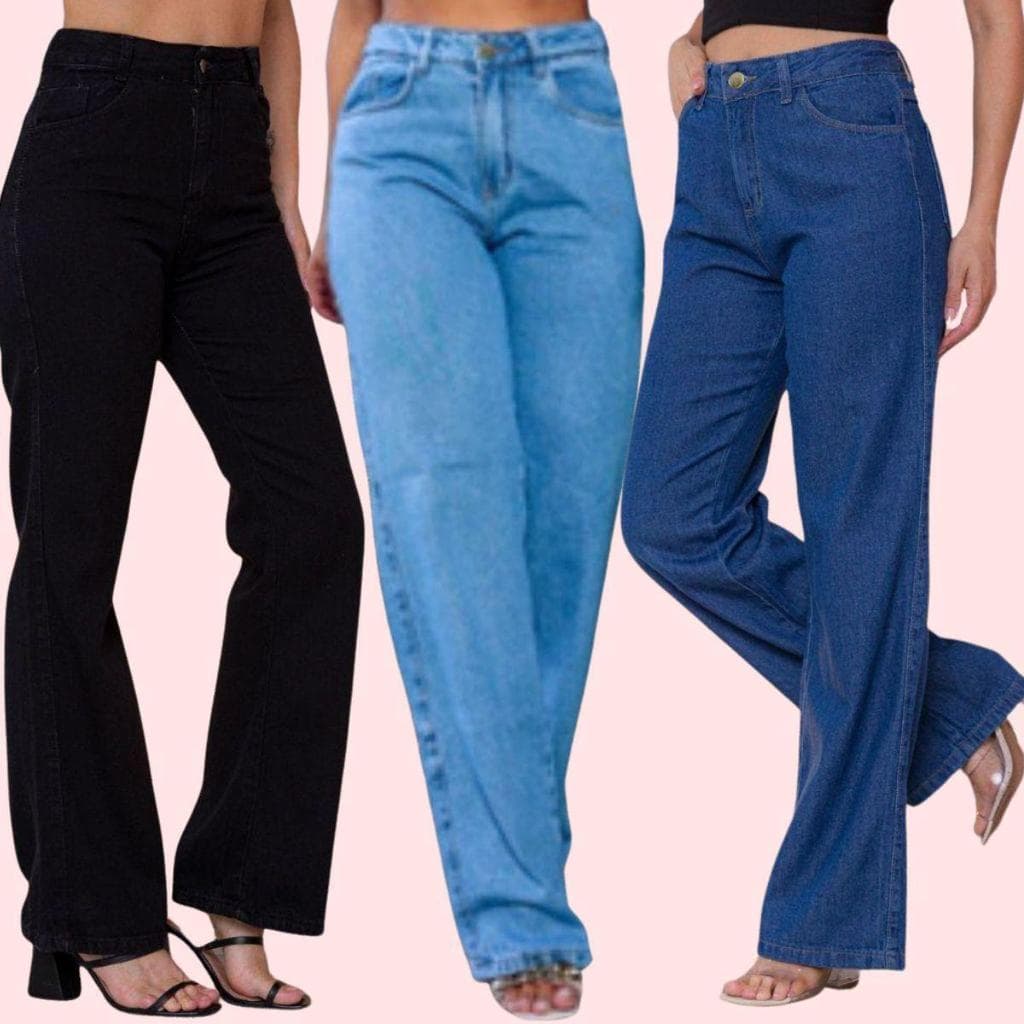 Kit 3 Calça Jeans Feminina Balao Wide Leg pantalona Cintura Alta Oferta especial entrega em 24 horas Outlet de fábrica