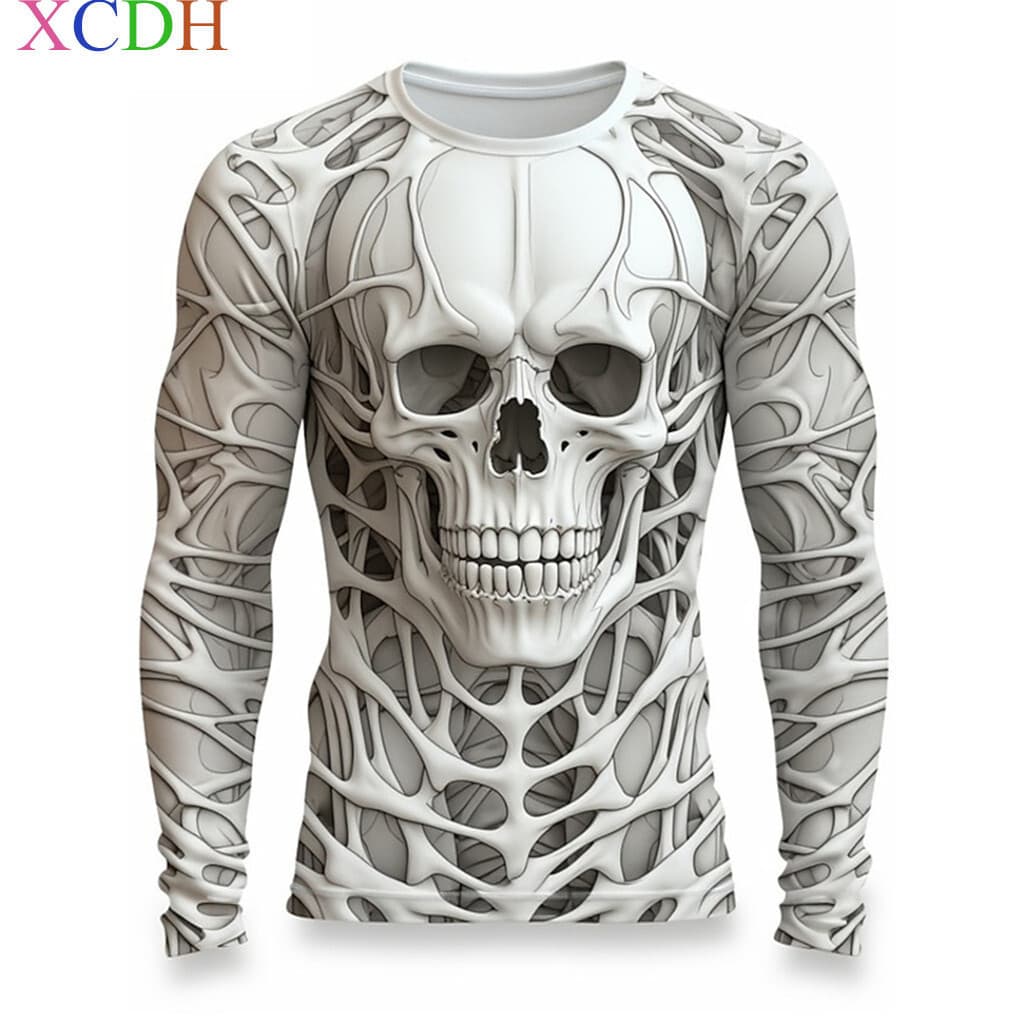 Camiseta Masculina Solta Streetwear Com Estampa De Caveira 3d Casual Manga Comprida