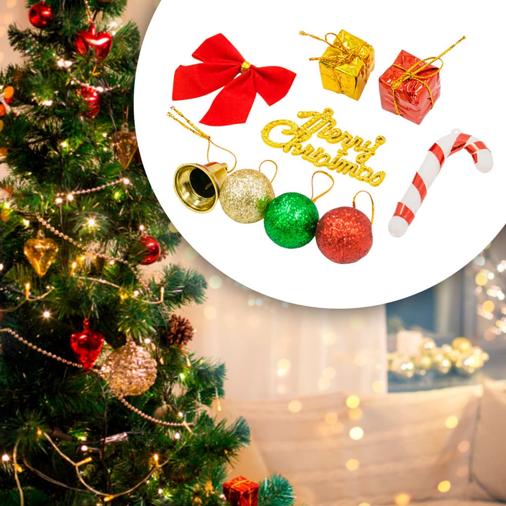 Kit Decoração Árvore de Natal 9 Peças – Bolinhas, Laço, Sino, Bengala e Presentes Natalinos