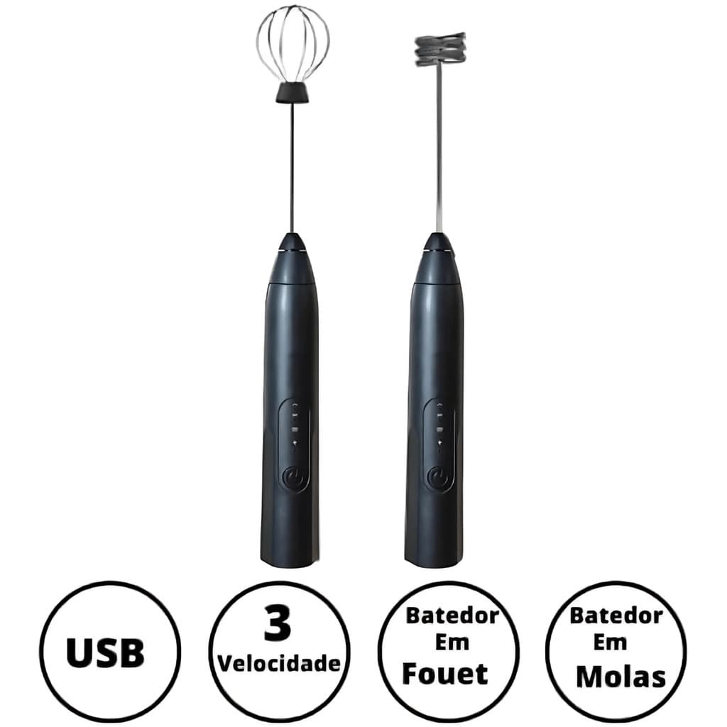 PRETA - (Premium) Mini Batedor Mixer Elétrico Portátil Bivolt