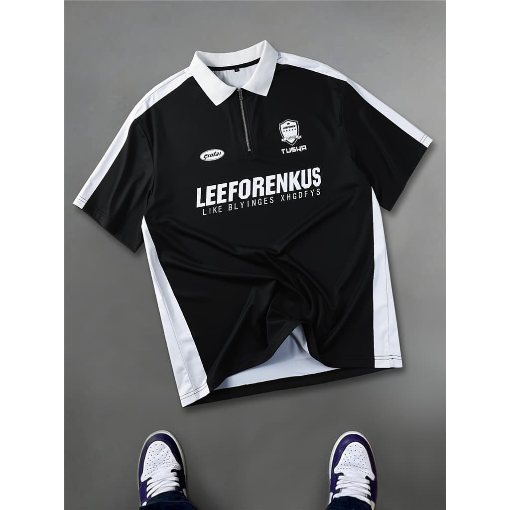 Camisa Masculina Com Letras Contrastantes – Ajuste Solto Estilo Streetwear Casual Logotipo Tushka E Texto LEEFORENKUS Go