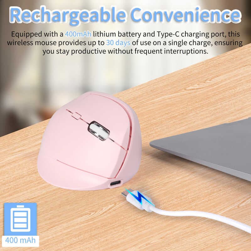 Mouse Sem Fio 2.4G Bluetooth Vertical De Modo Duplo Ergonômico Tipo C Recarregável Silencioso Clique 6 Botões 16000 DPI