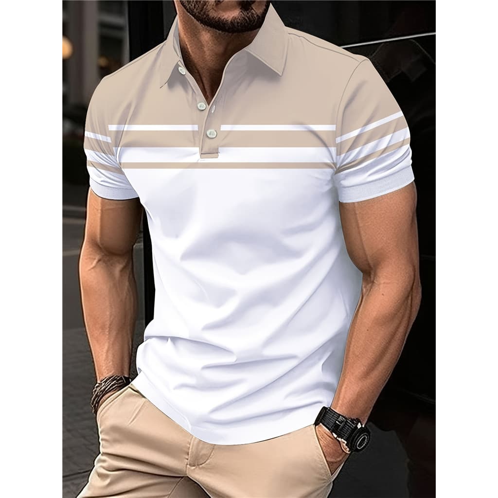 Camiseta Masculina De Lapela Com Estampa Colorida E Listras De Verão De Manga Curta , Casual Confortável