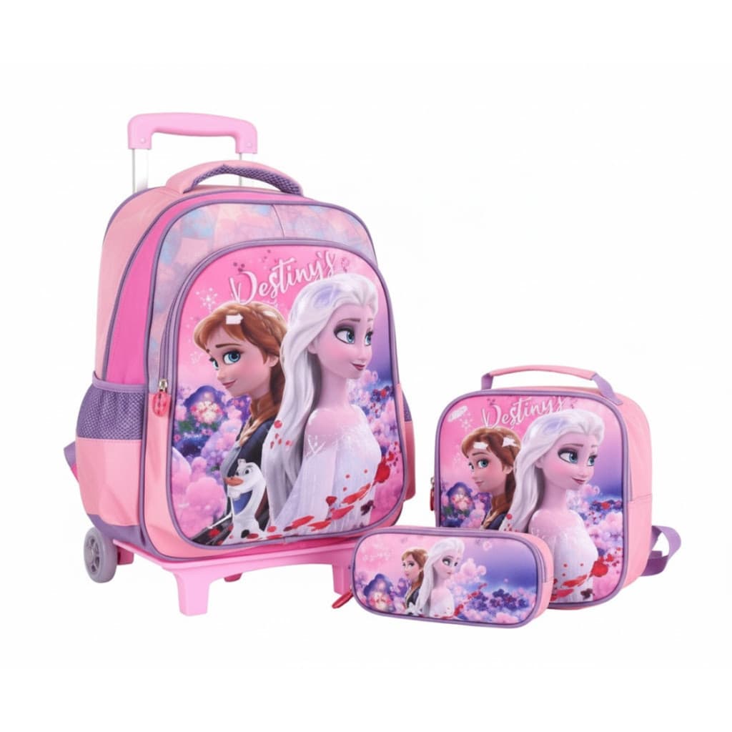 Conjunto Escolar Mochila de Rodinhas FROZEN E IRMÃ + Lancheira + Estojo Infantil
