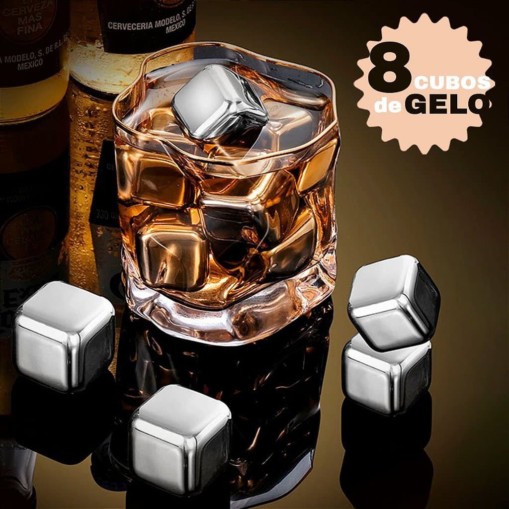 Kit 8 Cubos Gelo Inox Reutilizável + Pegador Inox Para Drinks Sucos