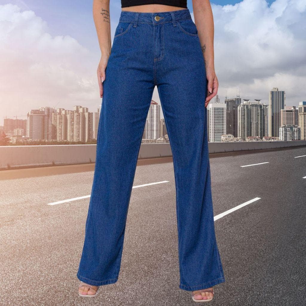Calça jeans feminina balao de pernas largas e cintura alta, oferta especial direto da fábrica