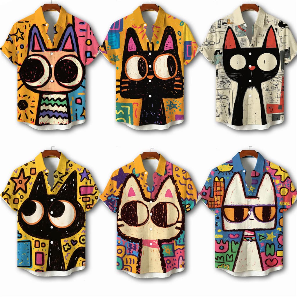 Moda Dos Desenhos Animados graffiti Gato Impressão Camisa De Manga Curta , Vibrante Artística casual Verão Masculino E F