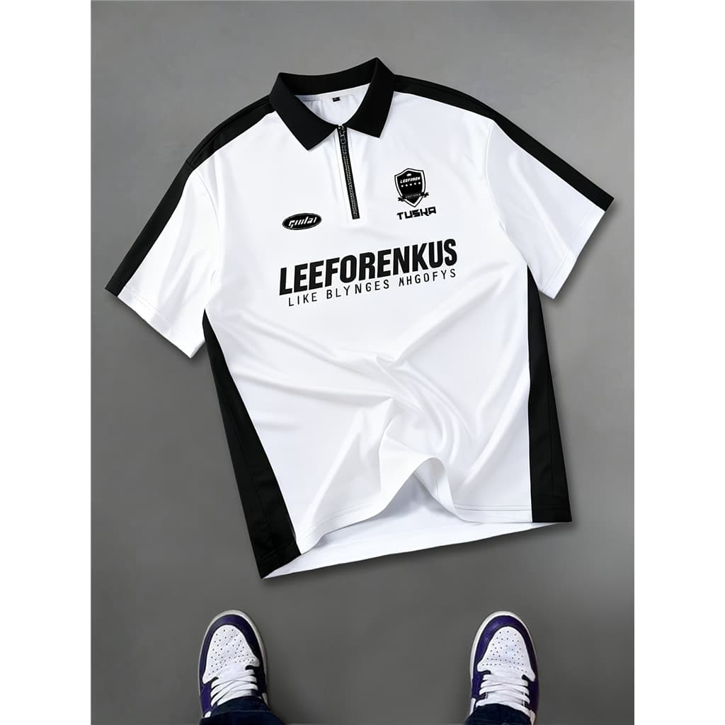 Camisa Masculina Com Letras Contrastantes – Ajuste Solto Estilo Streetwear Casual Logotipo Tushka E Texto LEEFORENKUS Go