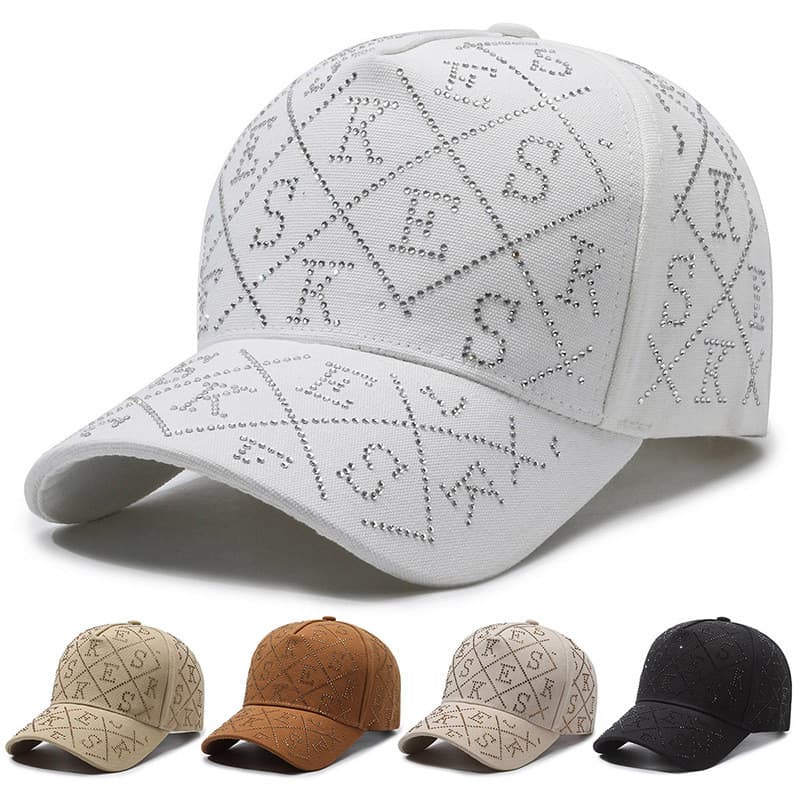 Boné de Beisebol com Letras e Detalhes de Diamante, Proteção Solar e Quebra-Sol
