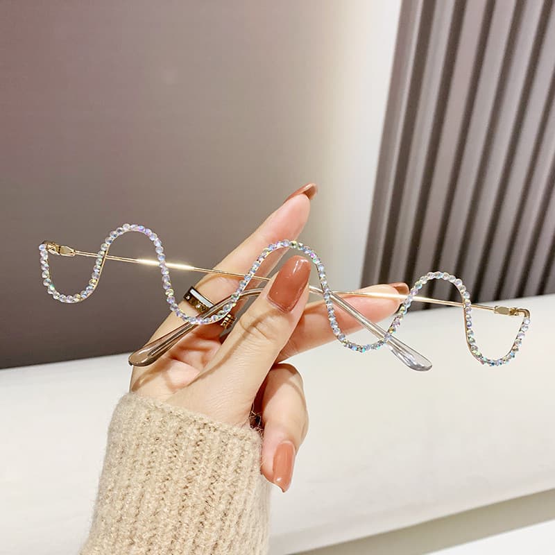 Armações de Óculos em Forma de Onda para Mulheres, Elegantes, Sem Aro, de Metal, sem Lentes, Óculos Decorados com Strass