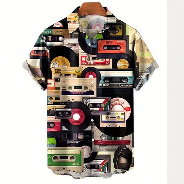 Retro Estilo folk Instrumento Musical Masculino Impresso Topo casual Camisa De Manga Curta