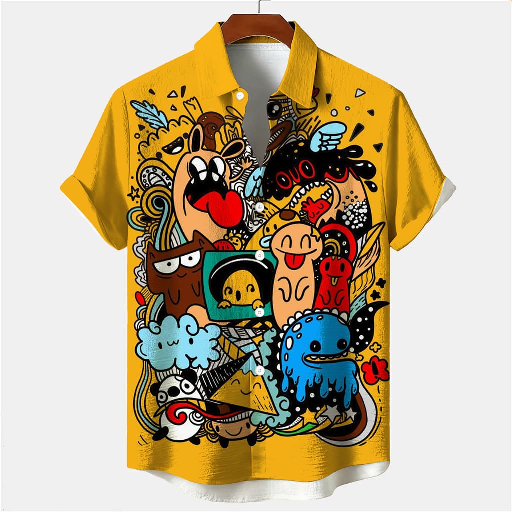 Camisas De Manga Curta Com Estampa Bold Cartoon & Graffiti : Tops Casuais De Arte Vibrante Botões Para Homens E Mulheres