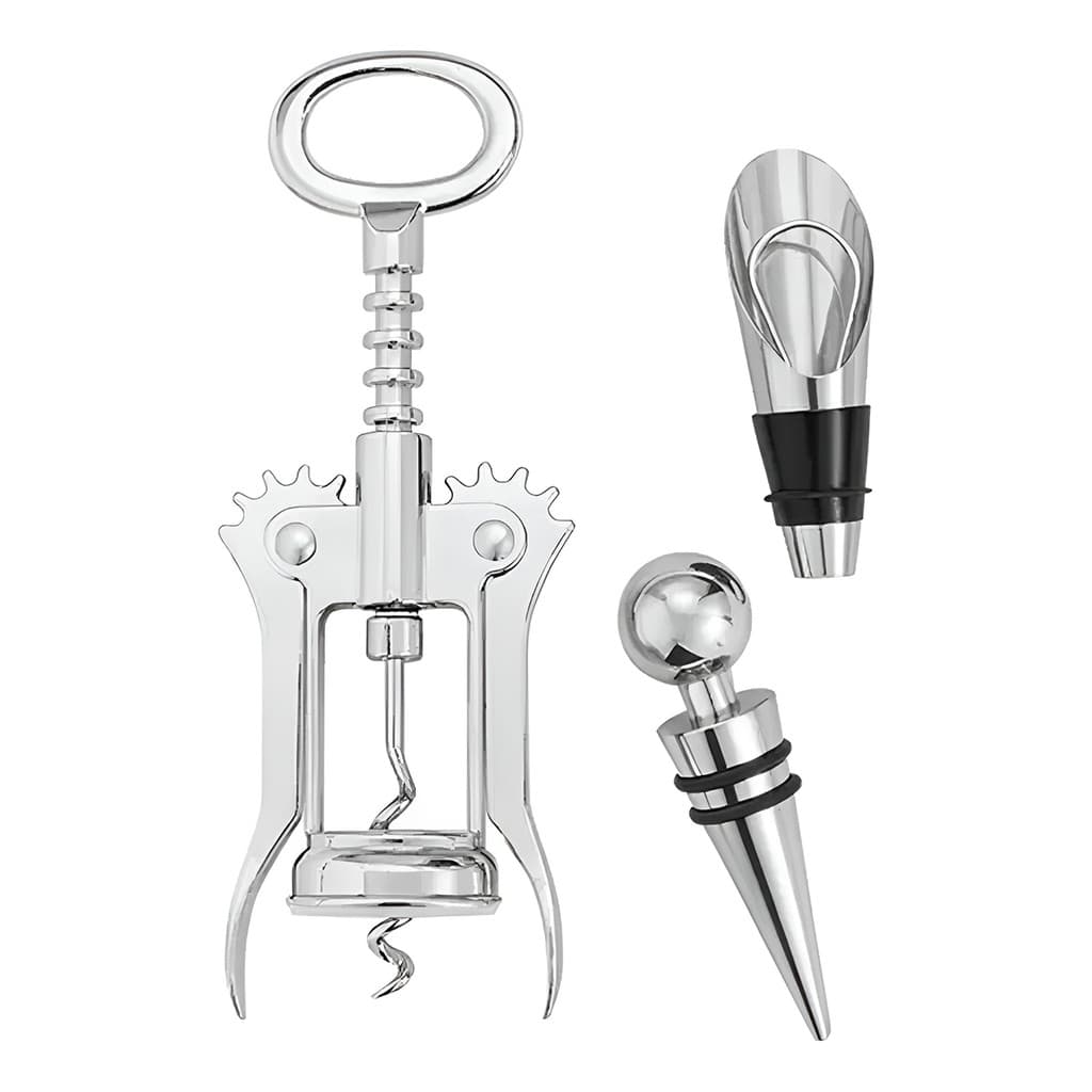 Kit Vinho Profissional 3 Peças Inox - Saca Rolha Dosador Rolha Presente Elegante