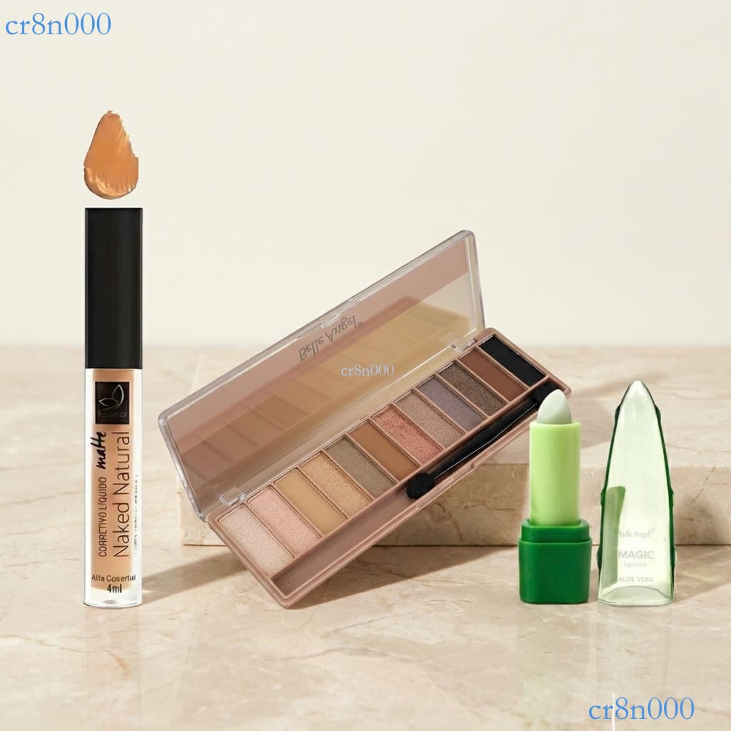 Conjunto 3em1 Maquiagem: Corretivo, Paleta 12 Cores e Batom Balm Aloe Vera com Acabamento Matte Perolad ✨cr8n000