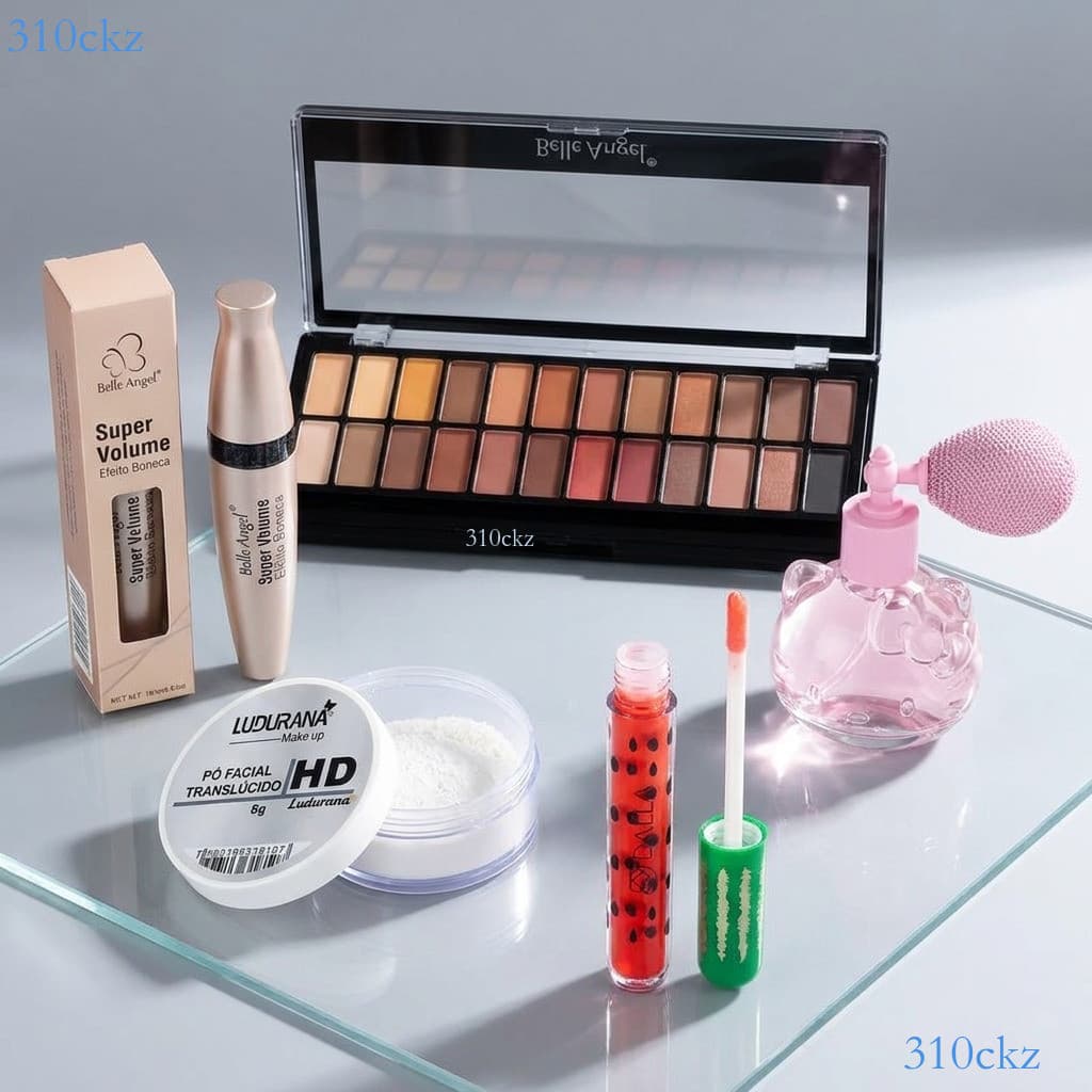 Kit Maquiagem 5 Peças: Pó Translúcido, Paleta 28 Cores, Máscara de Cílios, Iluminador e Contorno Labial ✨310ckz