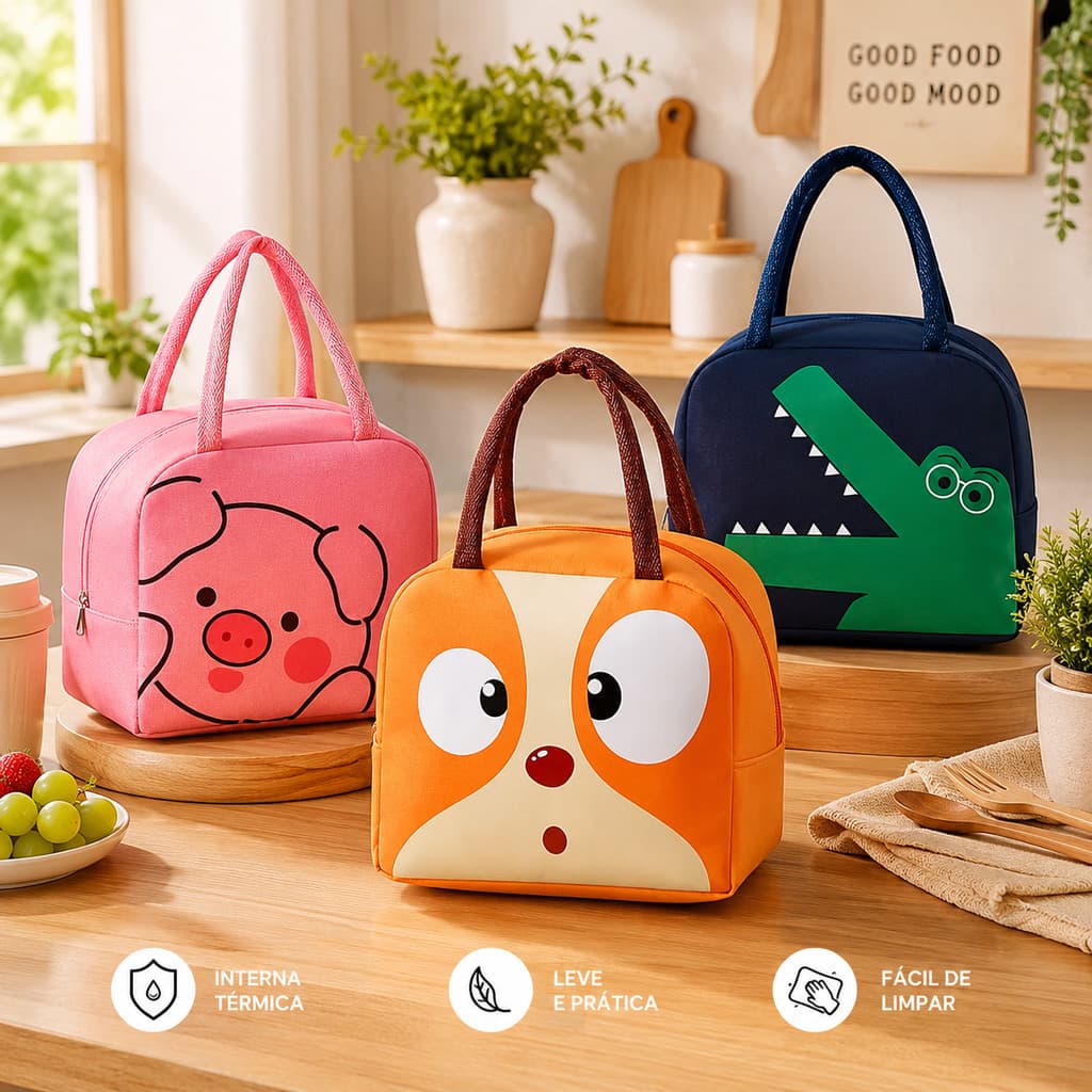 Bolsa Térmica Lancheira Escolar com Alça Estampas de Animais 😍✨