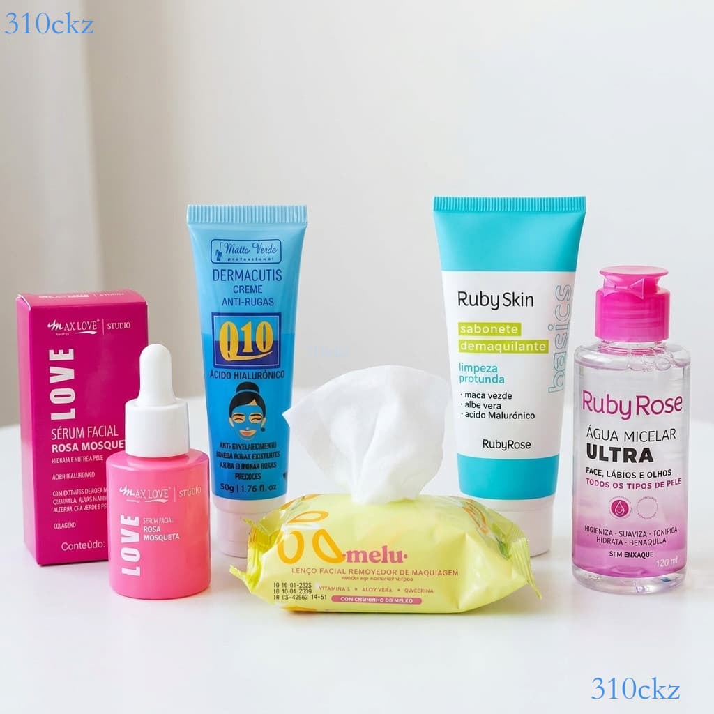 Kit Skincare 5em1: Água Micelar, Sabonete e Lenço Demaquilante, Creme Anti-Rugas e Sérum Vitamina C ✨310ckz
