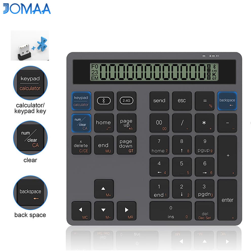 JOMAA Teclado Numérico Sem Fio 2 Em 1 Com Calculadora De Exibição Bluetooth USB Contabilidade Financeira Numpad Entrada