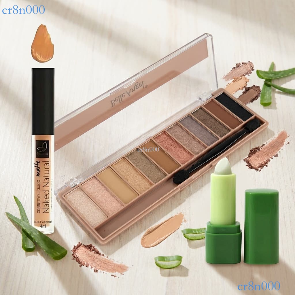 Maquiagem 3 Pçs: Corretivo Líquido + Paleta 12 Cores + Batom Balm Aloe Vera, Acabamento Natural Matte Perolado ✨cr8n000