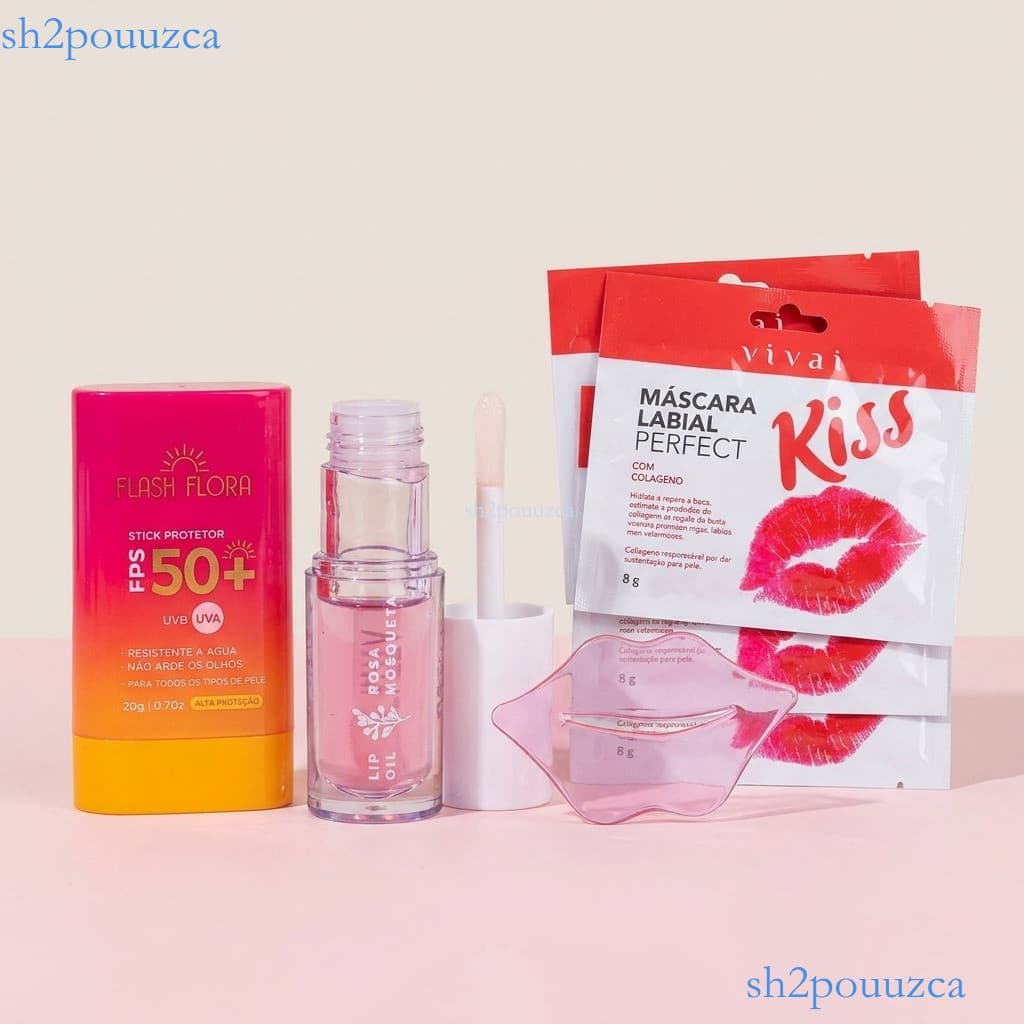 Conjunto 3em1 Proteção e Hidratação: Protetor Solar FPS 50+, Óleo e Máscara Labial com Colágeno ✨sh2p