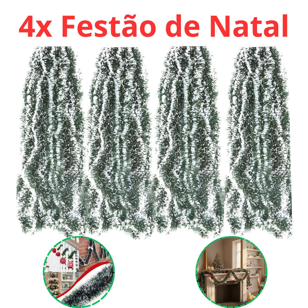 Conjunto 4 Festão de Natal c/ Ponta Branca Nevado Longo 2 metros Enfeite Natal - F048