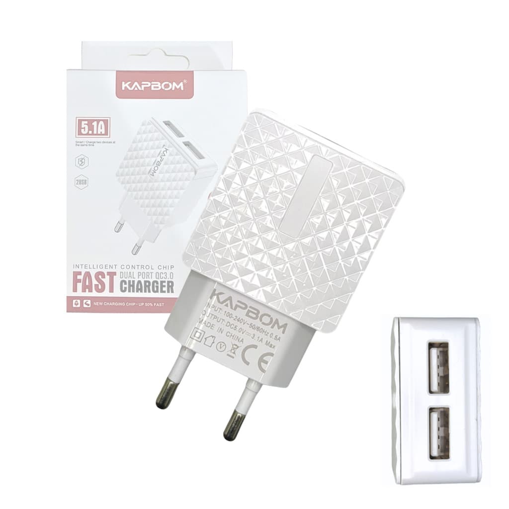 Fonte Carregador 5.1A Fast Charger  QC 3.0 Duas Porta USB Kapbom KA-371