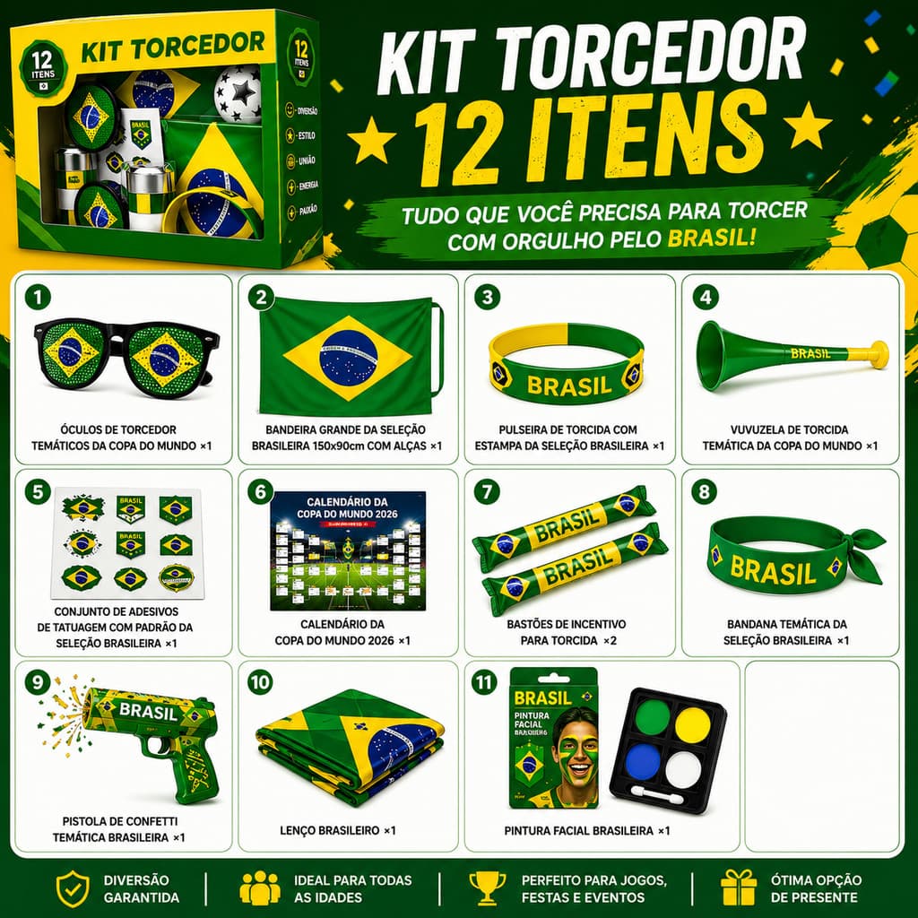 🇧🇷 Kit Torcedor Brasil 12 Itens Copa 2026 Bandeira Vuvuzela Óculos Festa Seleção Brasileira