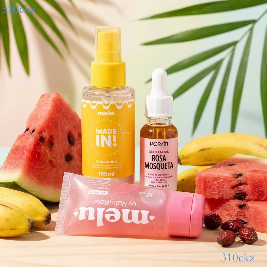 Conjunto 3em1 Perfume e Cuidado Pele: Body Splash Bananinha, Óleo Facial Rosa Mosqueta e Gel Refrescante ✨310ckz