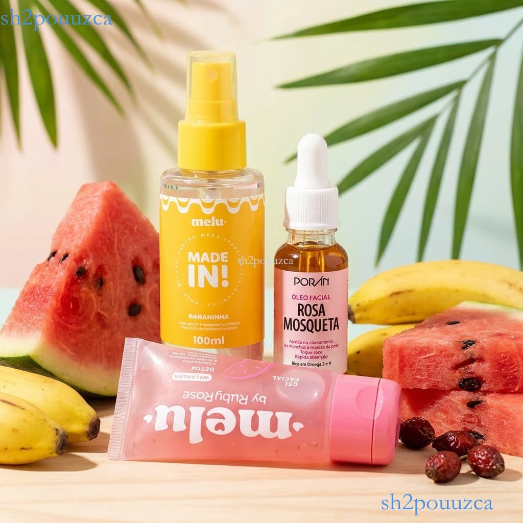 Conjunto 3em1 Perfume e Cuidado Pele: Body Splash Bananinha, Óleo Facial Rosa Mosqueta e Gel Refrescante ✨sh2po