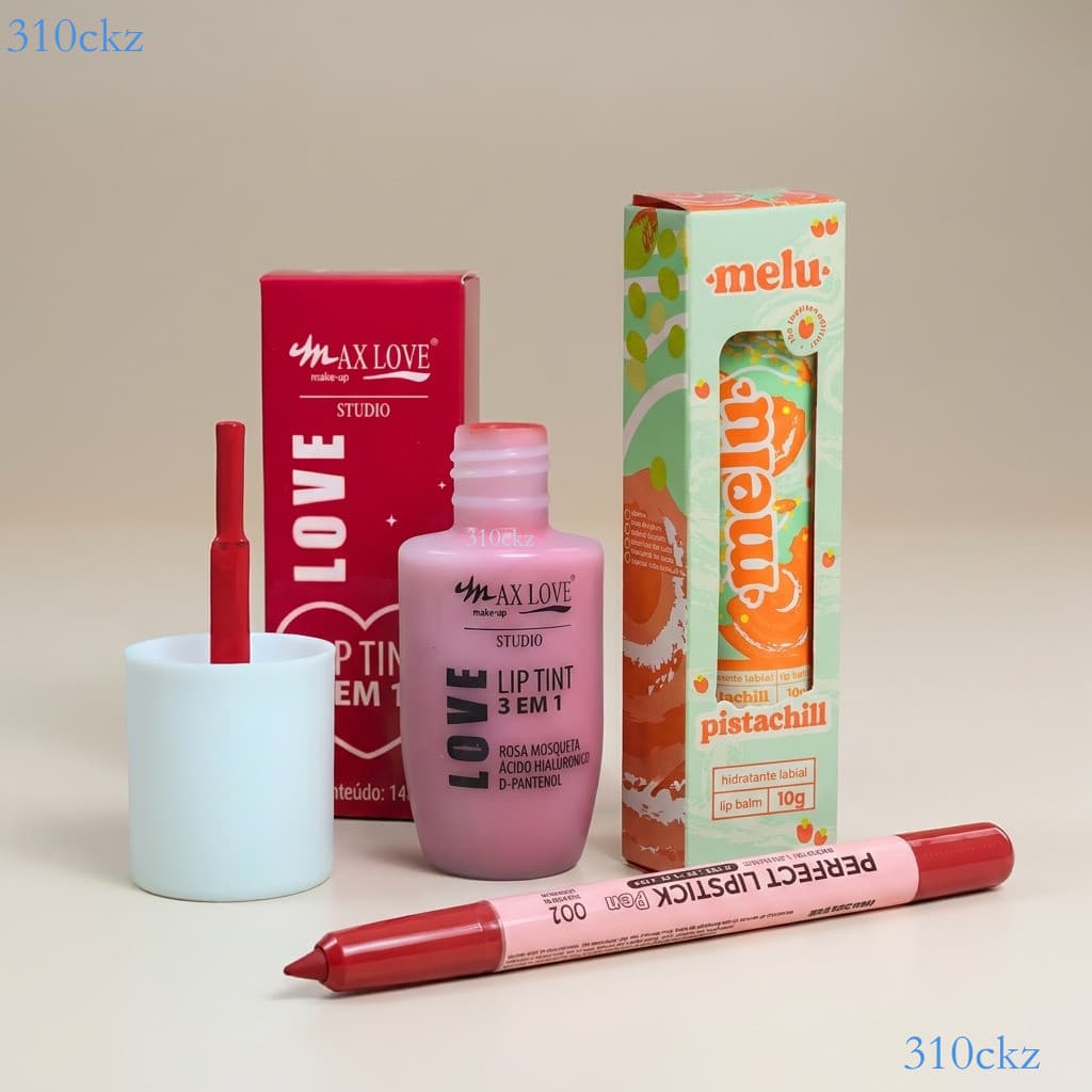Kit 3em1 Cuidado Labial: Lápis Labial Love Rain + Tint 3 em 1 Max Love + Lip Balm Pistachill Ruby Rose ✨310ckz