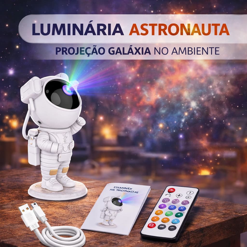 Luminária Astronauta Projetor Galáxia LED Com Controle Remoto