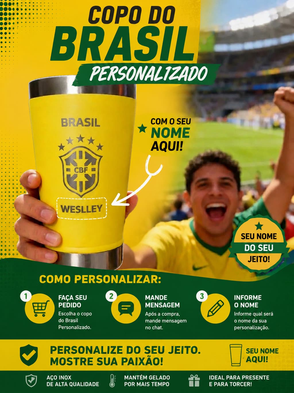 Copo Térmico Do Brasil Personalizado Com Seu Nome - Exclusivo