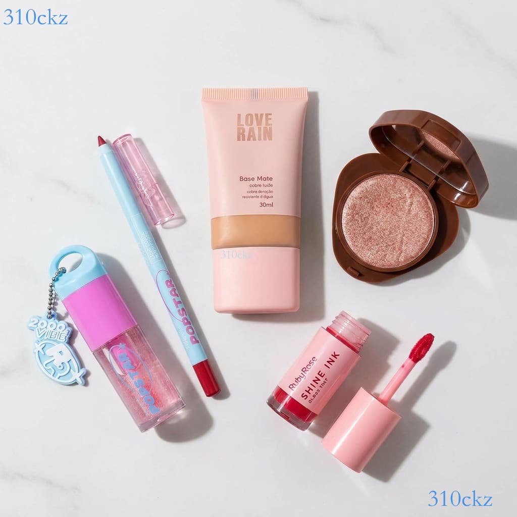 Maquiagem 5 em 1  – Delineador Glitter, Iluminador Baked, Óleo Labial, Lápis de Lábios e Base Líquida