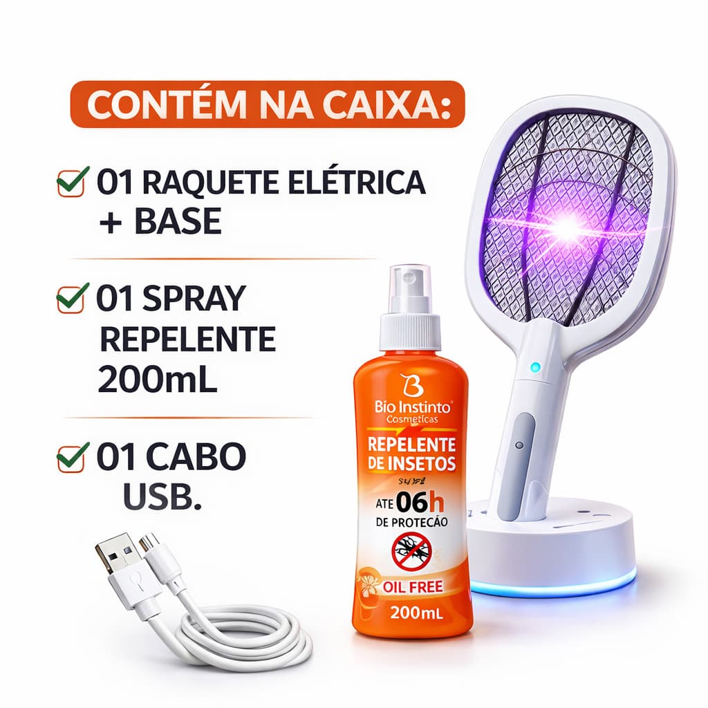 Kit Raquete Elétrica com Base + Spray Repelente 200ml