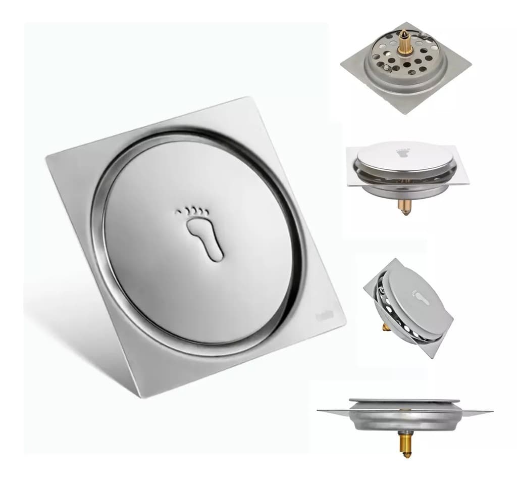Ralo Oculto 10x10 - Aço Inox Quadrado com Grelha para Escoamento Eficiente de Água