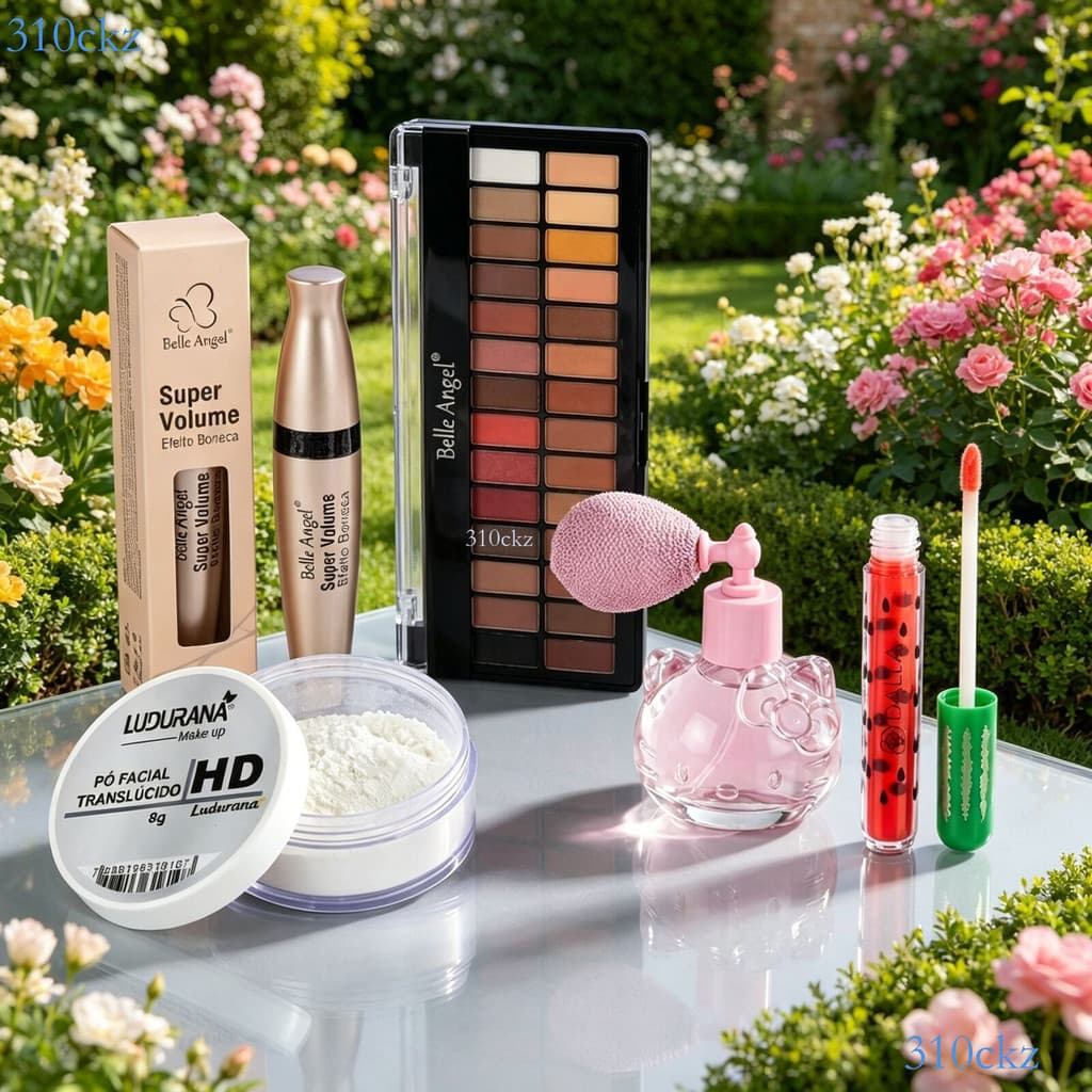 Conjunto Completo Maquiagem: Fixação, Sombras Nude, Volume Cílios, Iluminação e Hidratação Labial ✨310ckz