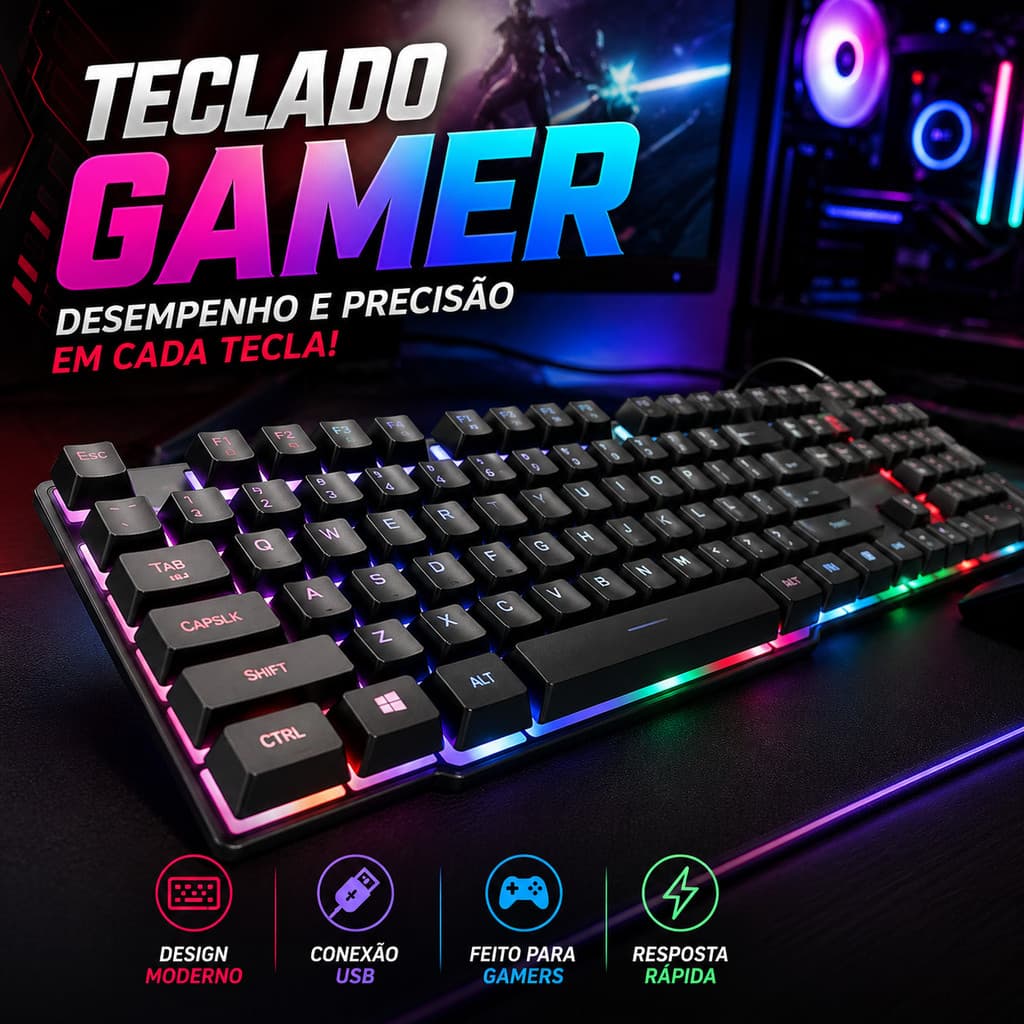 Teclado Gamer RGB USB LED Colorido Alta Performance Resposta Rápida para PC