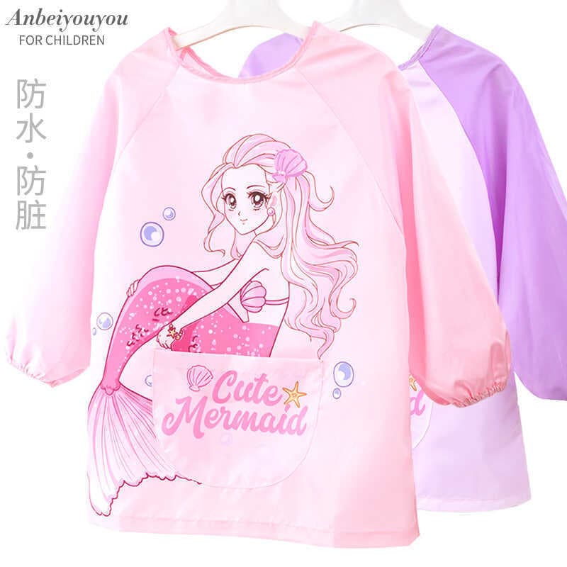 Sereia macacão infantil meninas à prova dwaterproof água Anti-sujo comer arte pintura babadores jardim de infância femin