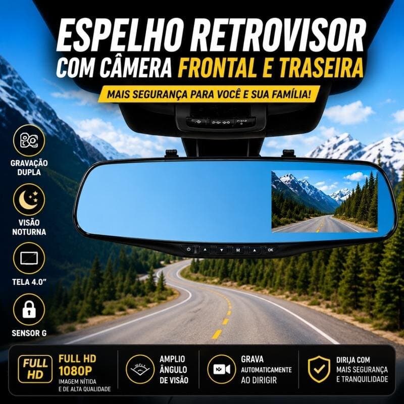 Espelho Retrovisor 3291 com Câmera Frontal e Ré, Tela 4.19”, Full HD, Visão Noturna e Gravação