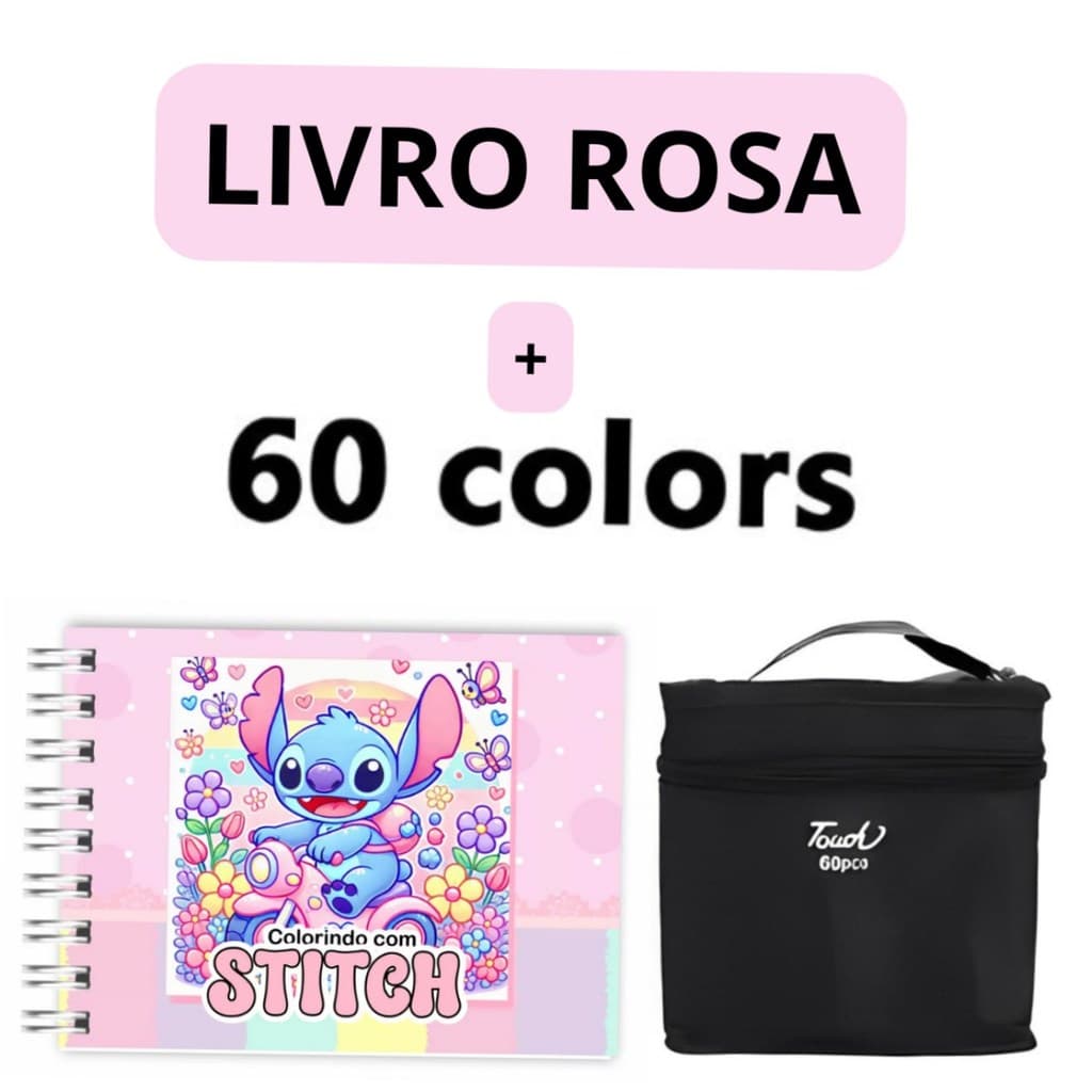 Kit Livro de Colorir Stitch Infantil + 60 Canetas Coloridas Ponta Dupla + Estojo Organizador