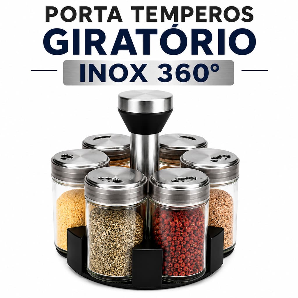 Porta Temperos Giratório Inox 360° Organizador de Cozinha com Potes