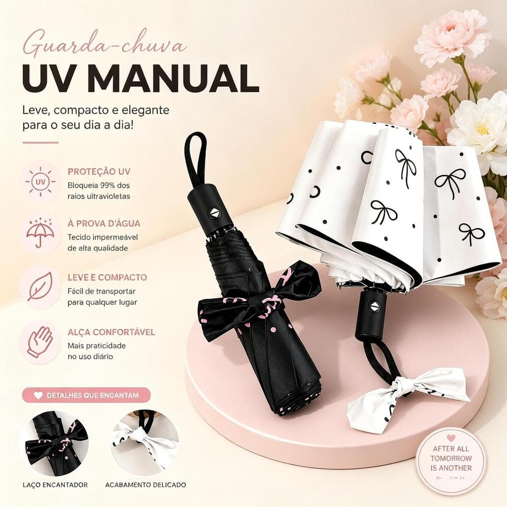 Guarda-Chuva Automático com Laço e Bolinhas – Visual Sofisticado com Proteção UV e Uso 2 em 1 LEN-1296