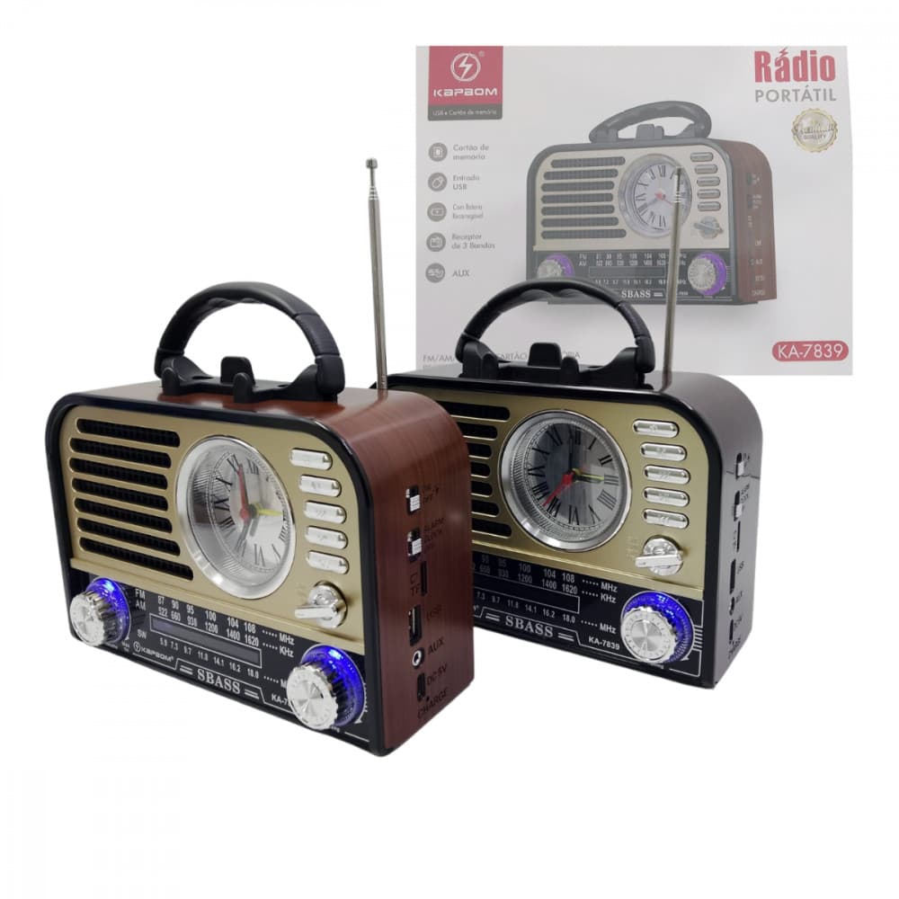 Rádio Retro 3W Bluetooth 5.1 com Lanterna e Relógio Kapbom KA-7839