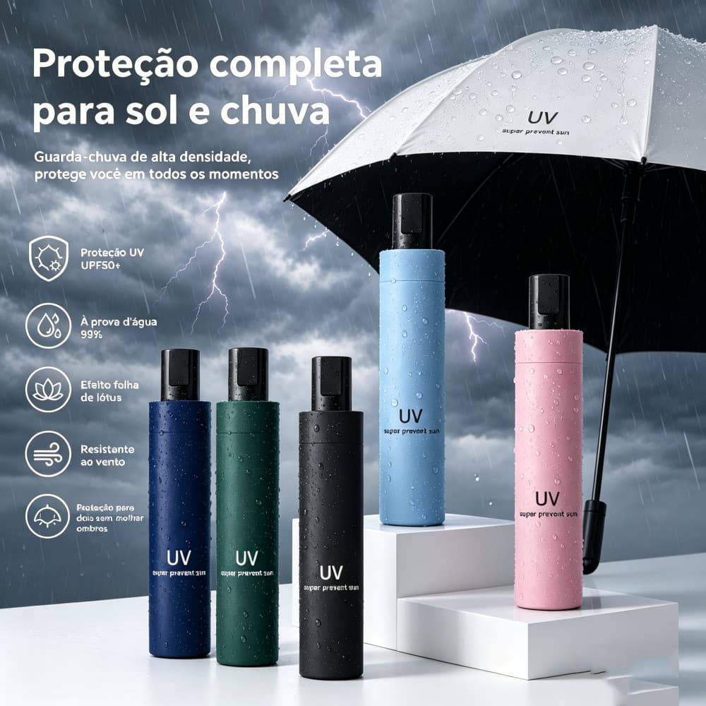 Guarda-Chuva com Proteção Solar UV – 2 em 1 Solar Umbrella, Modelo Três Dobras LEN-1265