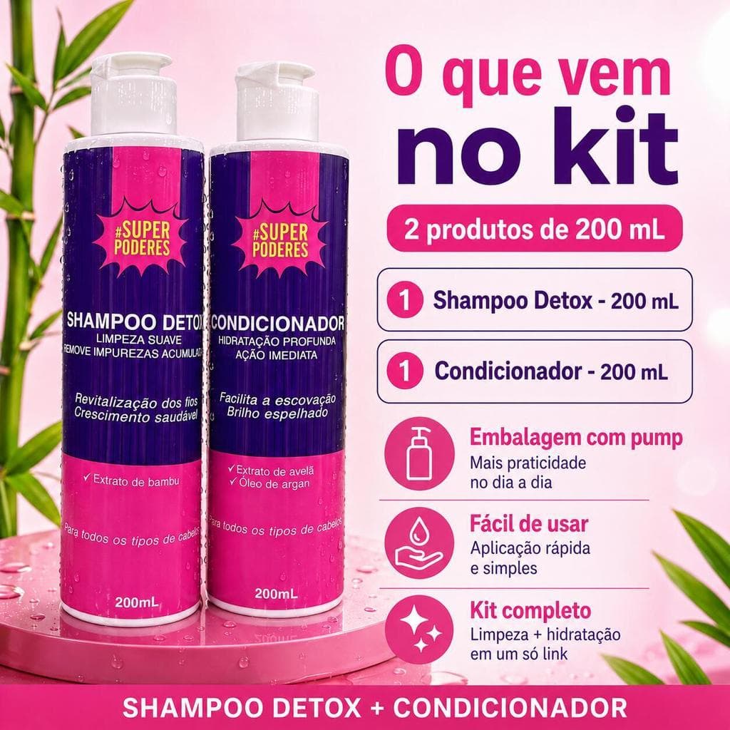 Kit Capilar Super Poderes – Shampoo + Condicionador 200ml, Limpeza Renovadora, Hidratação e Brilho