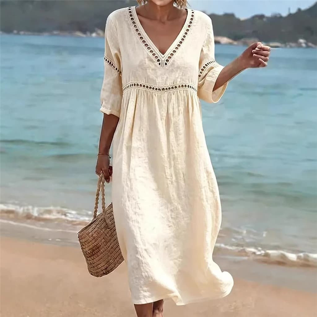 Vestido elegante Casual com decote em V de algodão e linho, cor sólida, manga média, vestido longo feminino
