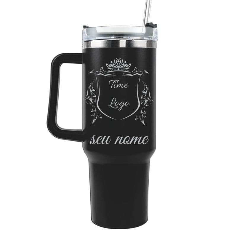 Copo Termico Preto Com Tampa 1,2L e Canudo Personalizado a laser